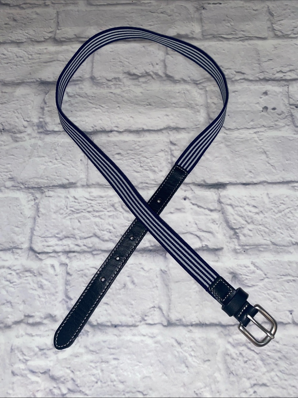 J. Crew Navy and White Striped Stretch Fabric Belt with Leather Trim Size M